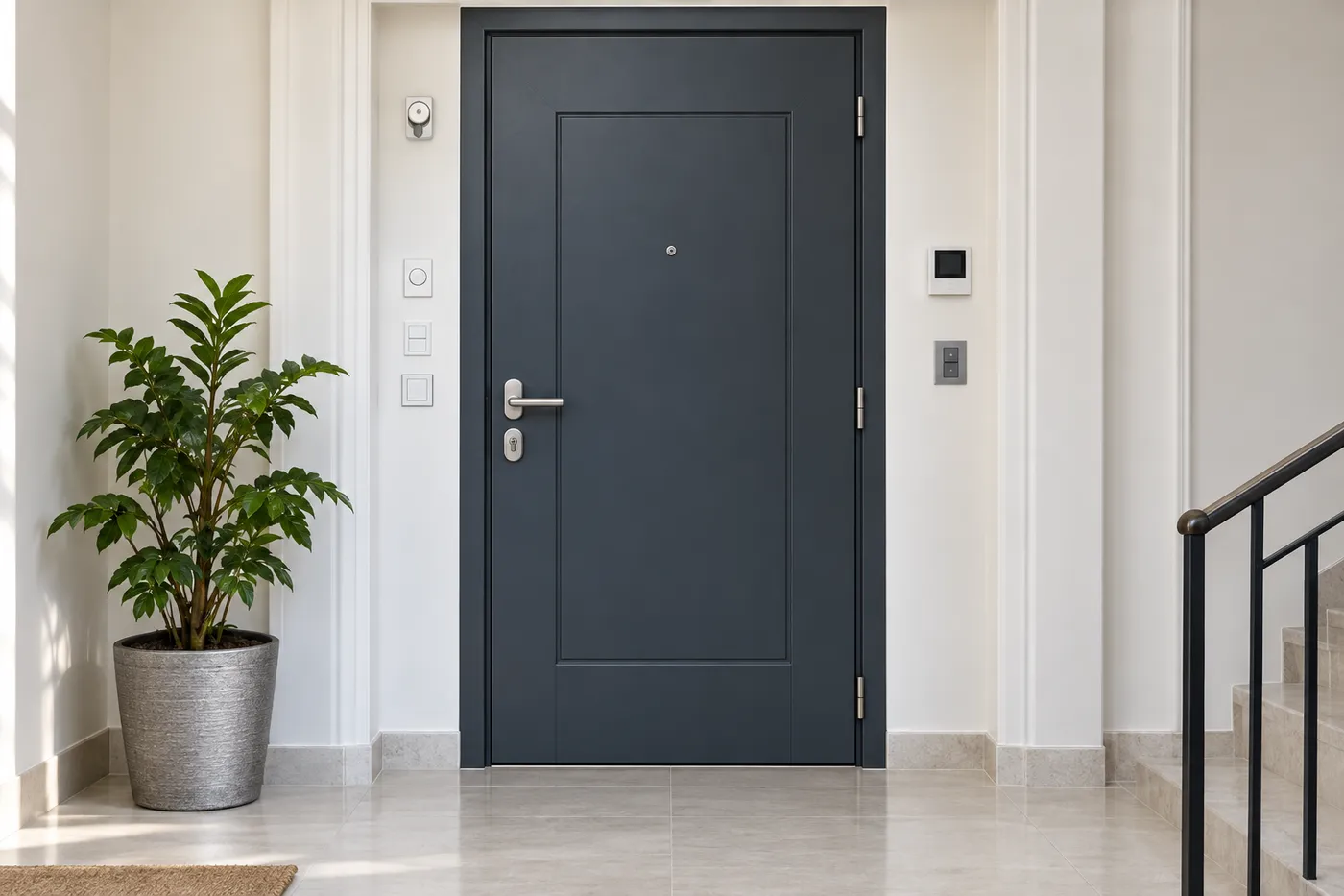 Porte blindée gris anthracite sur un palier clair, plante verte à côté