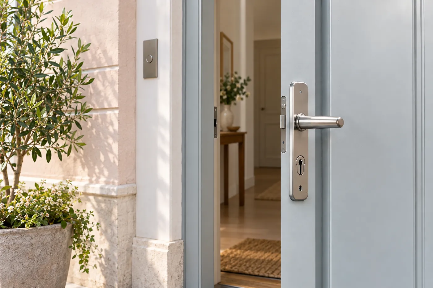 Porte d’entrée gris clair entrouverte avec poignée en inox brossé, lumière naturelle